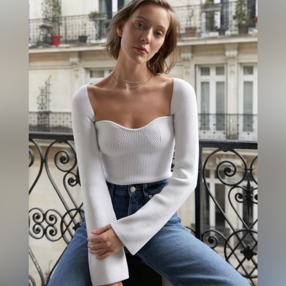 White Ribbed Long Sleeve Sweetheart Knit Top